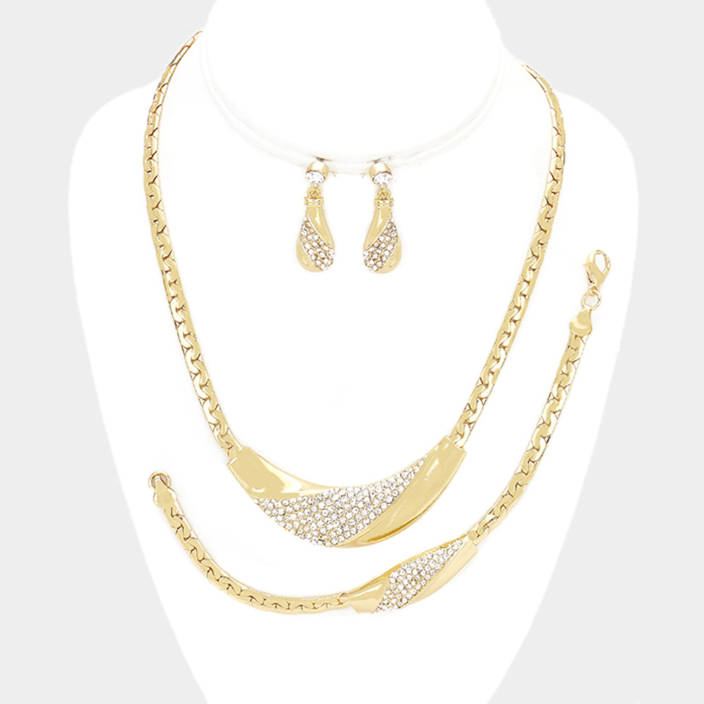 3-pcs Pave Metal Necklace Jewelry Set